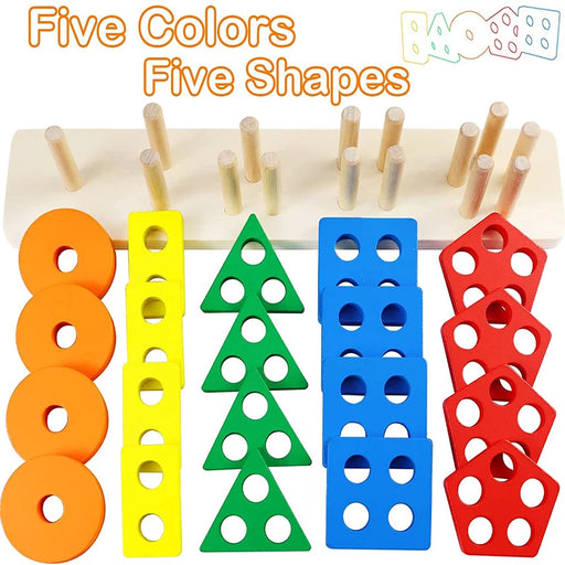 Wooden Geometric Shape Matching 5 Column Blocks Montessori Educational And Learning Toys